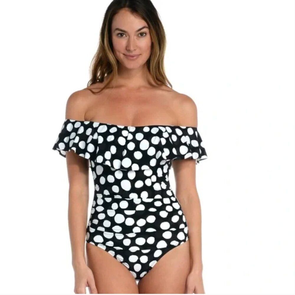 La Blanca Black and White Polka Dot Off-Shoulder One-Piece Swimsuit